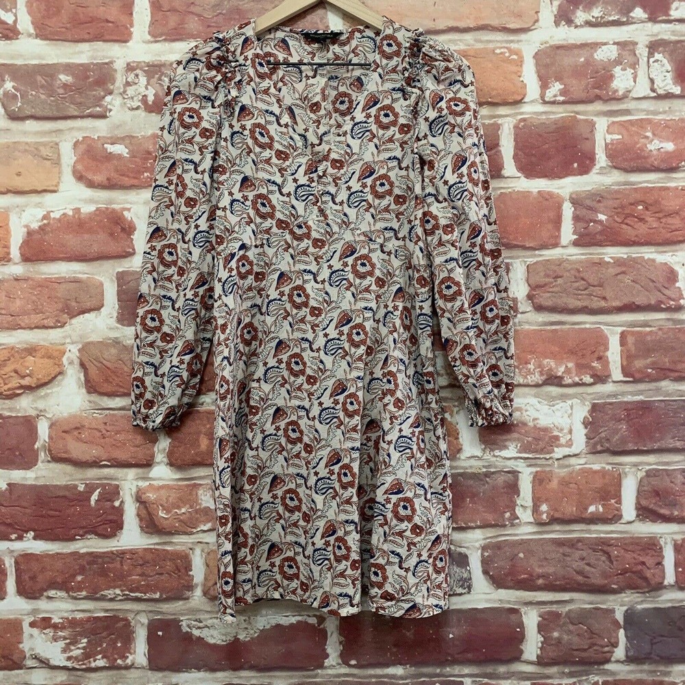 Banana Republic Dress Women's XS Cream Brown Blue Multicolor Boho Floral Peasant